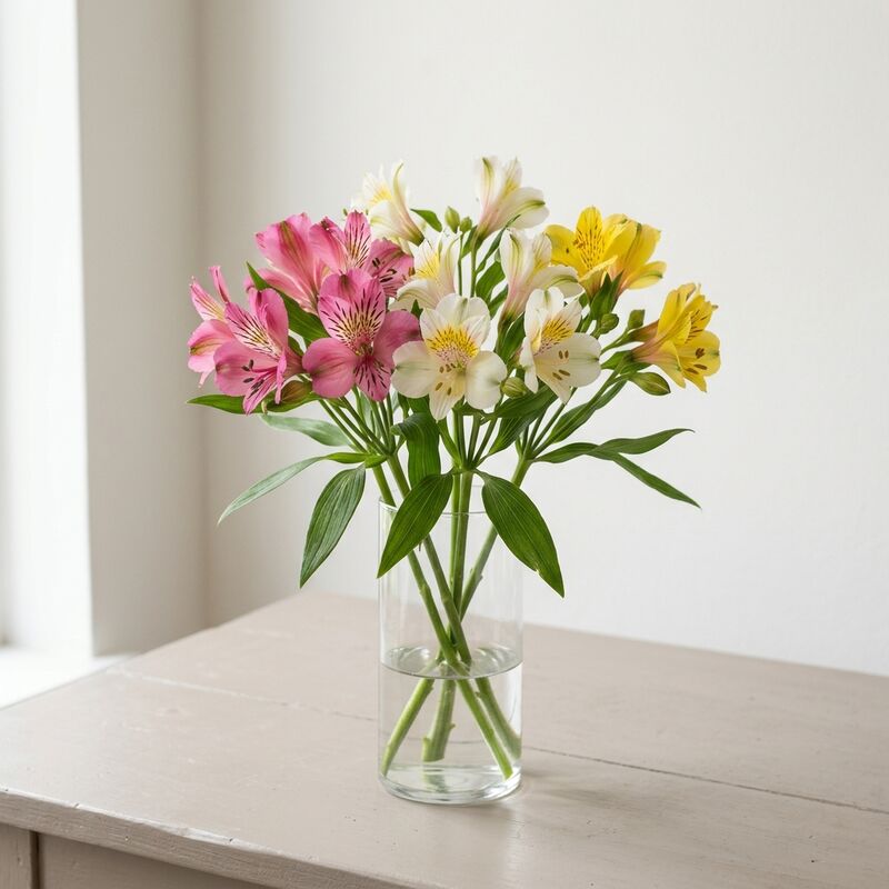 ガラスの花瓶に生けたアルストロメリア（Alstroemeria）