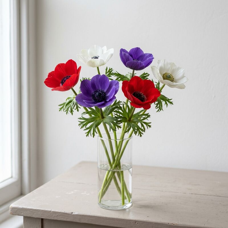 유리 꽃병에 꽂은 아네모네(Anemone coronaria)