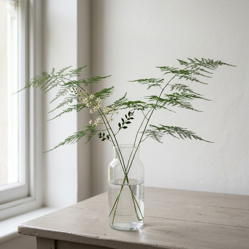 유리 꽃병에 꽂은 아스파라거스 펀(Asparagus setaceus)