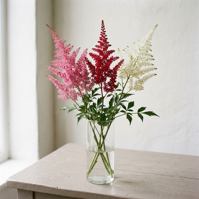 ガラスの花瓶に生けたアスチルベ(Astilbe × arendsii)