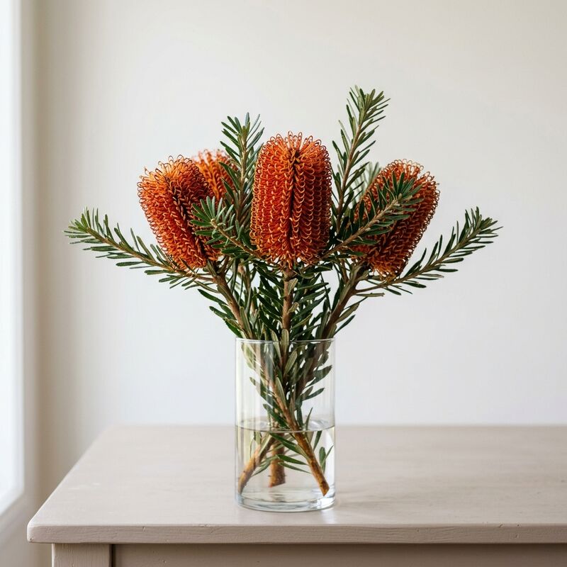 유리 꽃병에 꽂은 뱅크시아(Banksia)