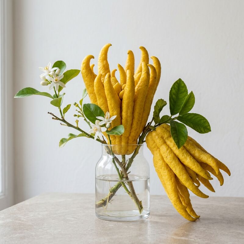 Steli recisi di Mano di Buddha (Citrus medica var. sarcodactylis) in un vaso di vetro