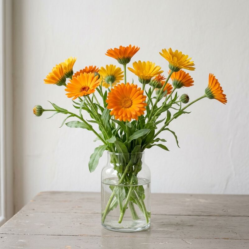 유리 꽃병에 꽂은 금잔화(Calendula officinalis)