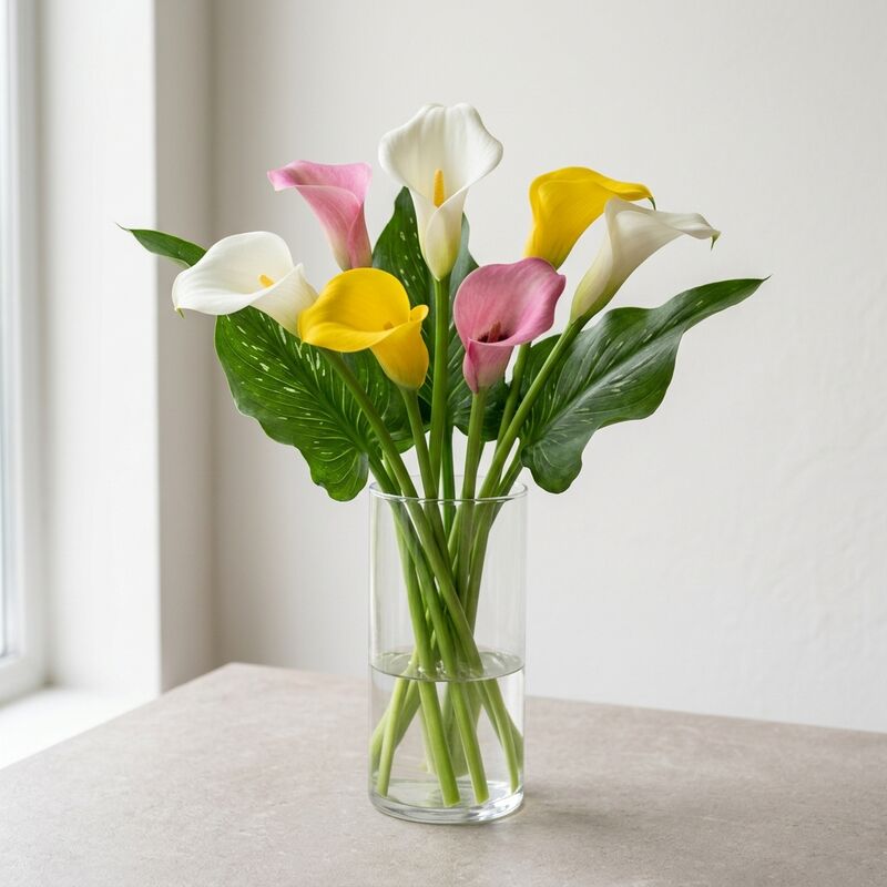 ガラスの花瓶に生けたカラー(Zantedeschia)