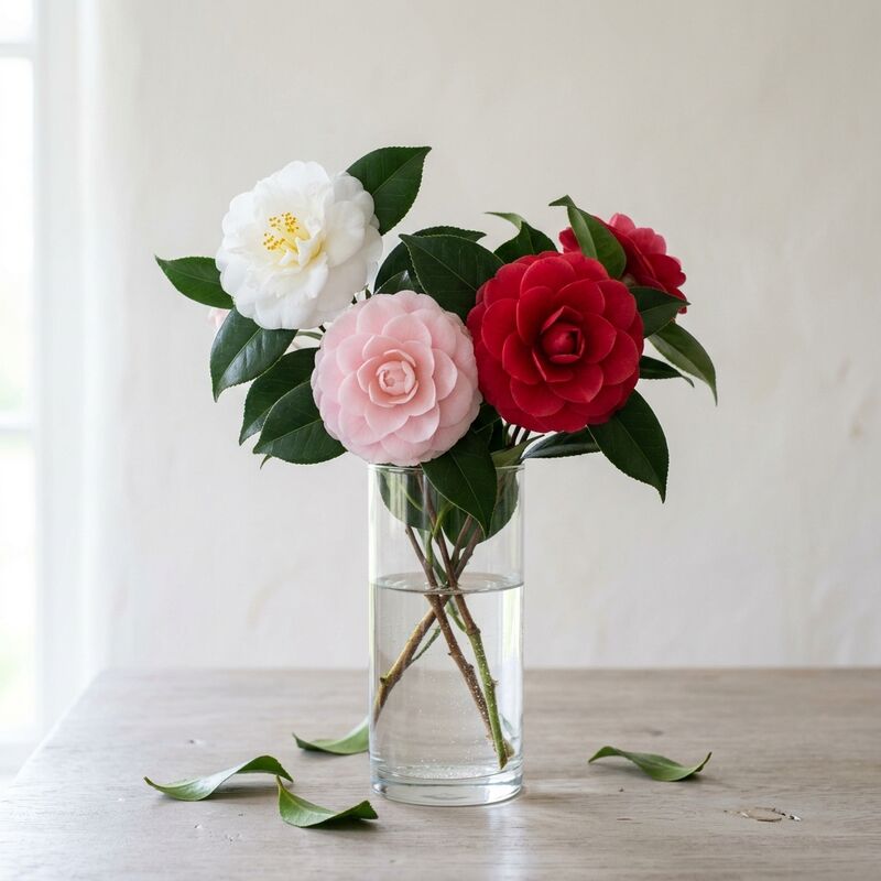 유리 꽃병에 꽂은 동백(Camellia japonica)