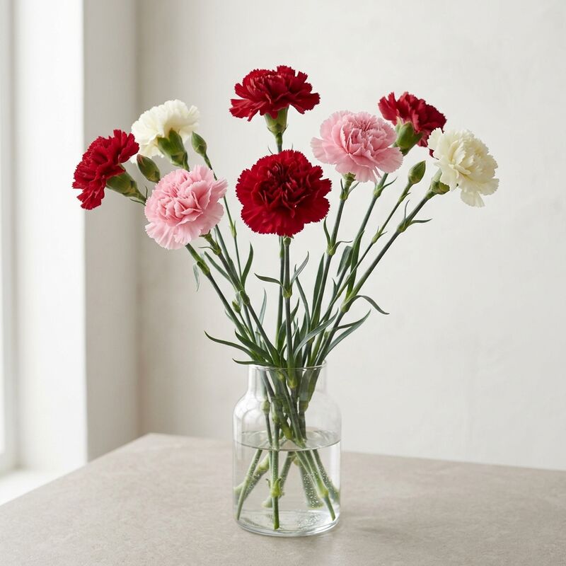 ガラスの花瓶に生けたカーネーション(Dianthus caryophyllus)