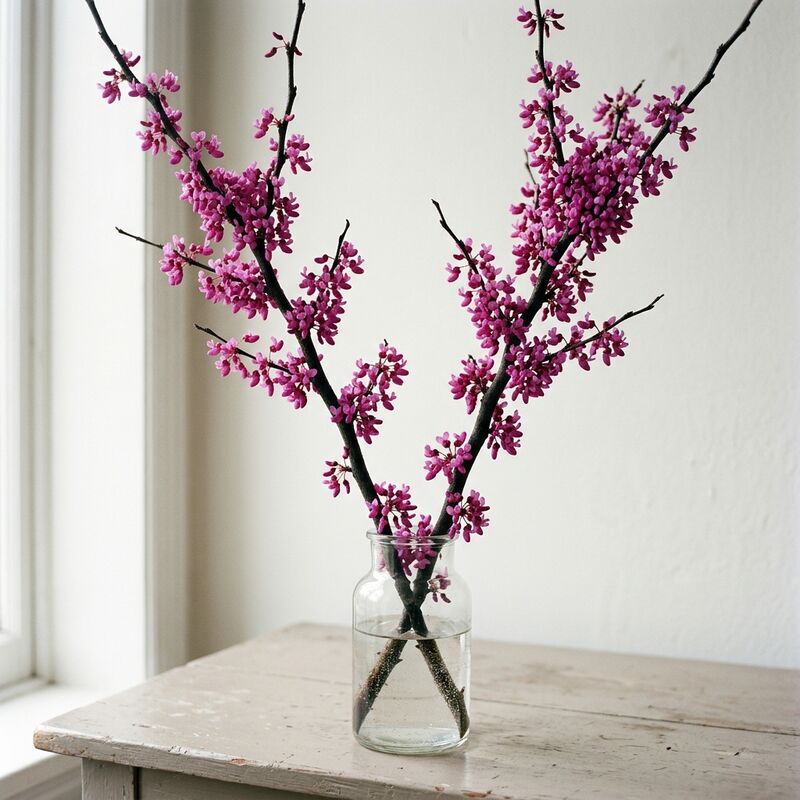 Steli recisi di Albero di Giuda cinese (Cercis chinensis) in un vaso di vetro