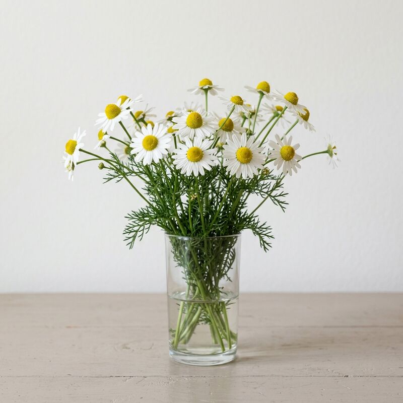 ガラスの花瓶に生けたカモミール(Matricaria chamomilla)