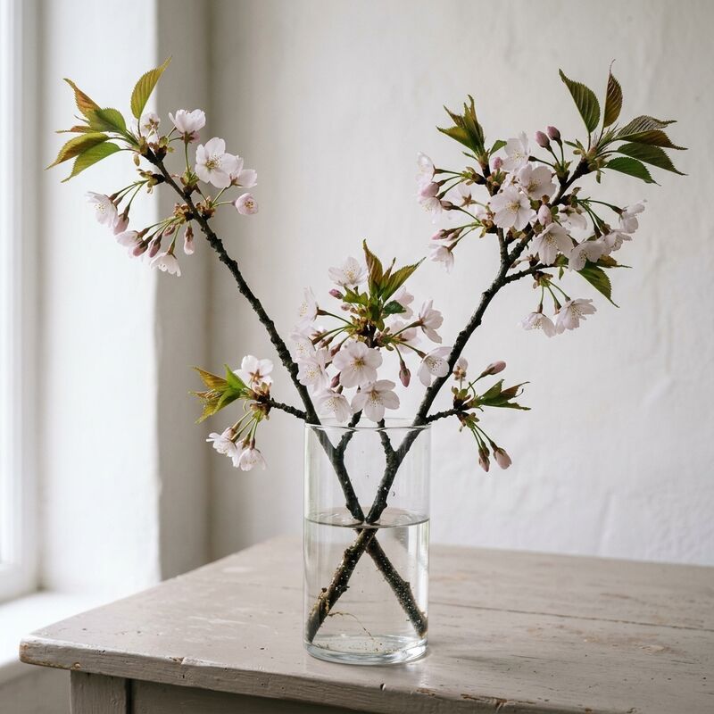 ガラスの花瓶に生けたサクラ(Prunus serrulata)
