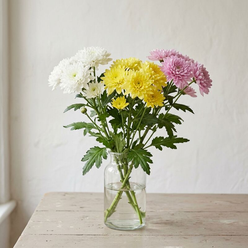 유리 꽃병에 꽂은 국화(Chrysanthemum × morifolium)