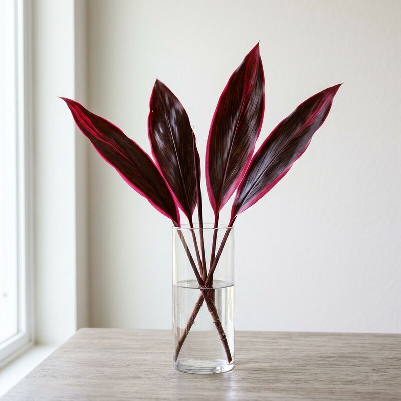 Steli recisi di Cordyline (Cordyline fruticosa) in un vaso di vetro
