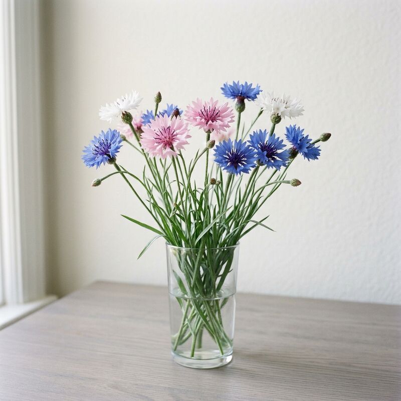 ガラスの花瓶に生けたヤグルマギク(Centaurea cyanus)