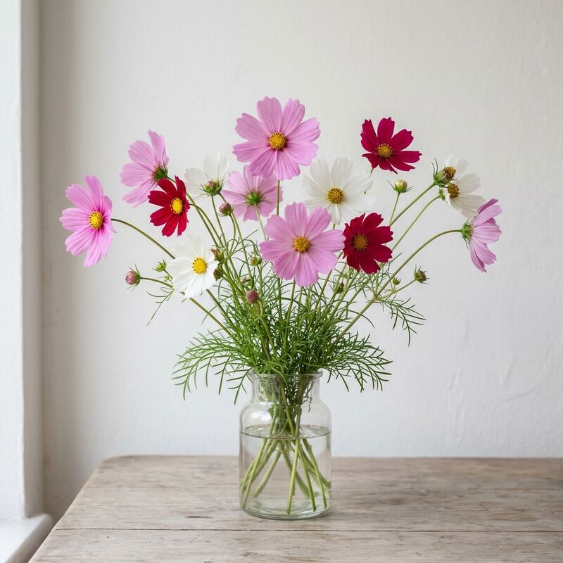 ガラスの花瓶に生けたコスモス（Cosmos bipinnatus）