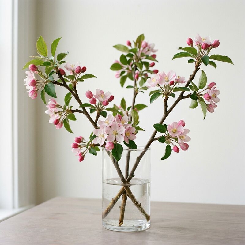 유리 꽃병에 꽂은 꽃사과(Malus spectabilis)