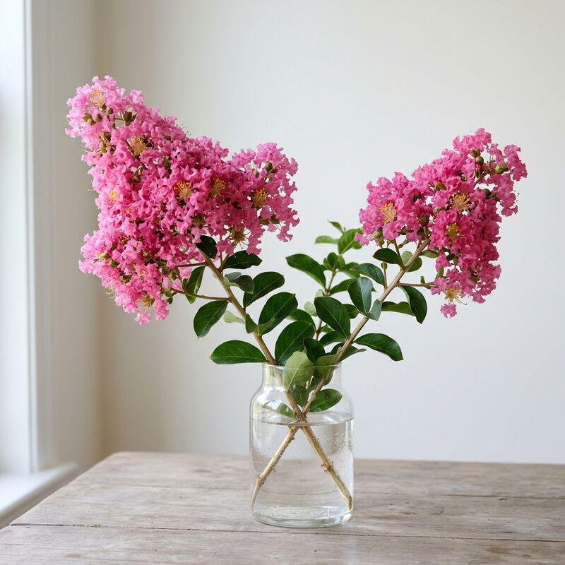 Steli recisi di Lagerstroemia (Lagerstroemia indica, L. speciosa) in un vaso di vetro