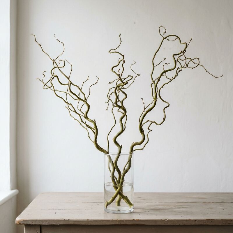 Steli recisi di Salice tortuoso (Salix matsudana 'Tortuosa') in un vaso di vetro