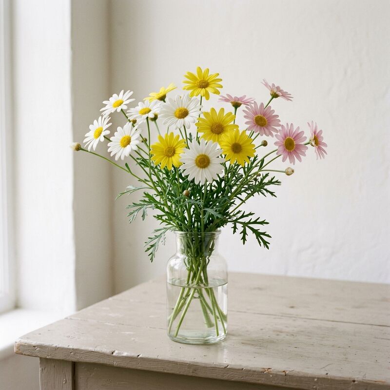 유리 꽃병에 꽂은 데이지(마거리트)(Argyranthemum frutescens)