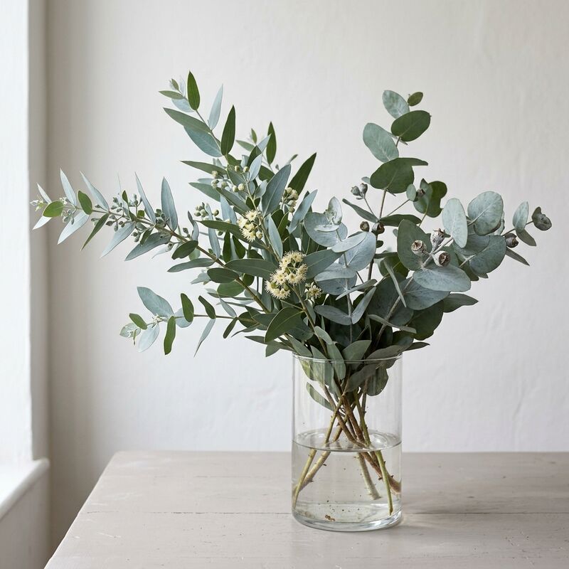 유리 꽃병에 꽂은 유칼립투스(Eucalyptus cinerea, E. gunnii)
