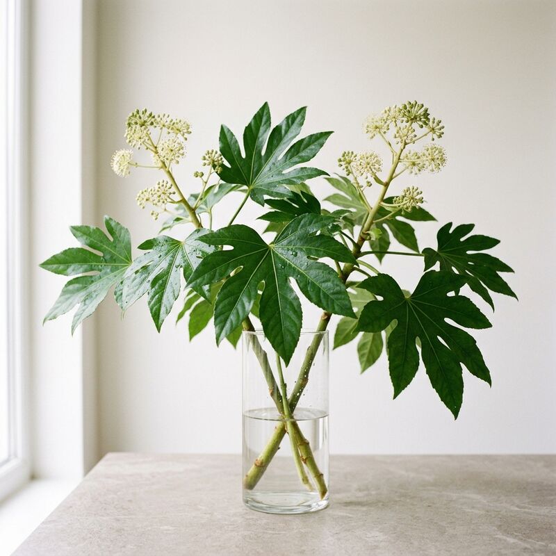 유리 꽃병에 꽂은 팔손이(Fatsia japonica)