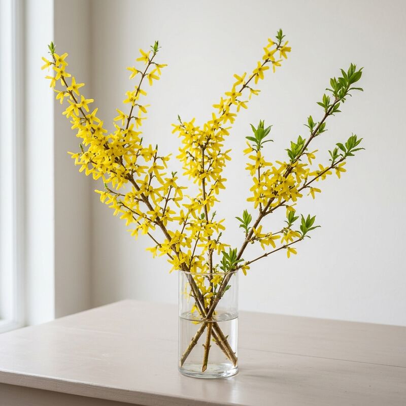 유리 꽃병에 꽂은 개나리(Forsythia × intermedia)