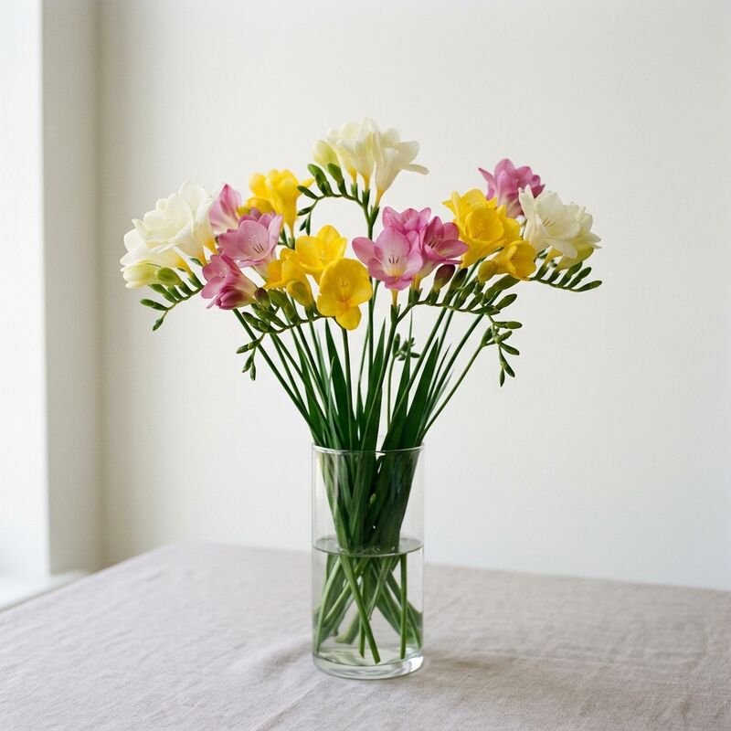 ガラスの花瓶に生けたフリージア(Freesia × hybrida)