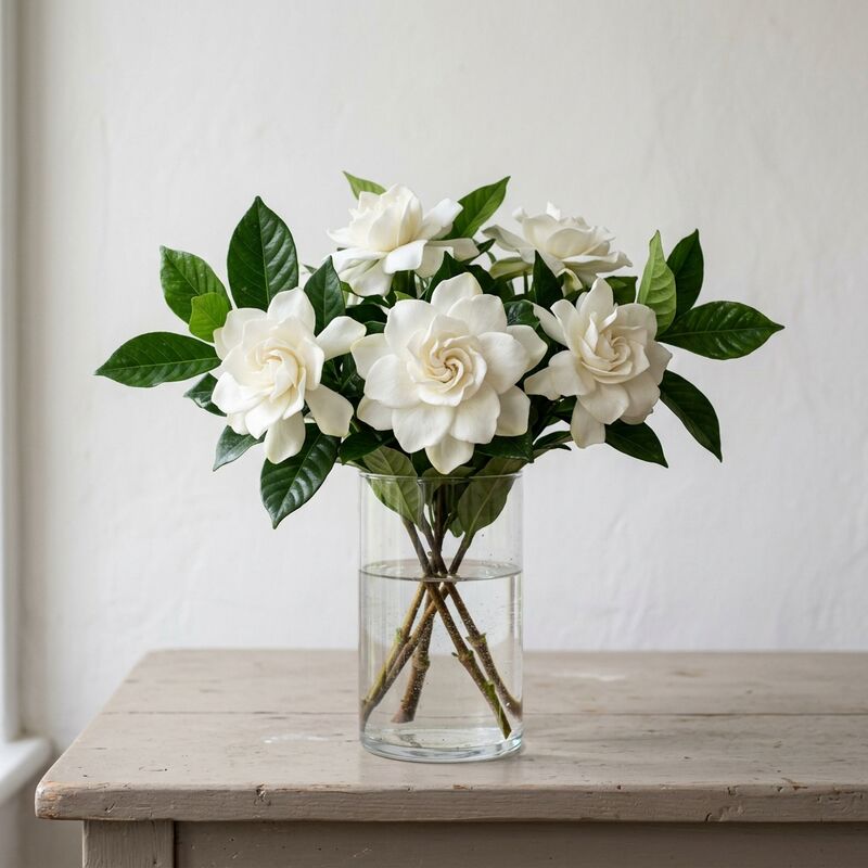 ガラスの花瓶に生けたクチナシ（Gardenia jasminoides）