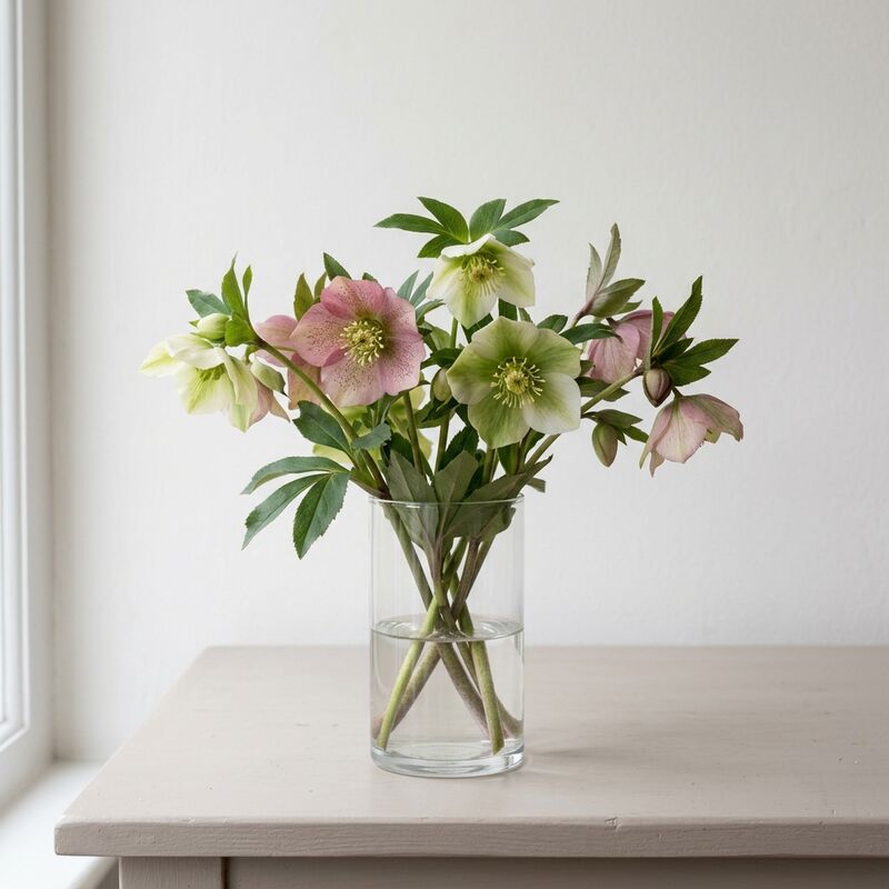 유리 꽃병에 꽂은 헬레보루스(크리스마스로즈)(Helleborus orientalis)