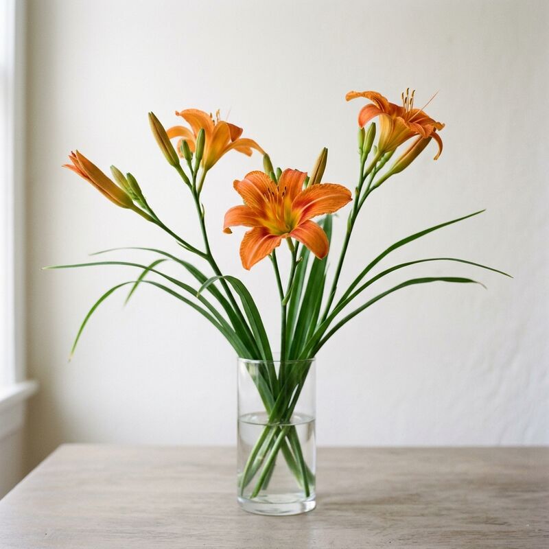 Steli recisi di Emerocallide (Hemerocallis fulva) in un vaso di vetro