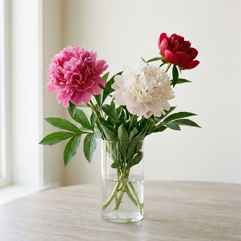 유리 꽃병에 꽂은 작약(Paeonia lactiflora)