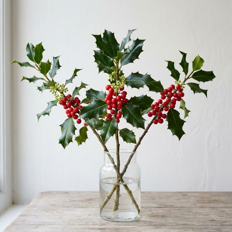 유리 꽃병에 꽂은 호랑가시나무(Ilex aquifolium)