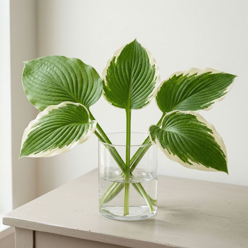 Steli recisi di Foglie di hosta (Hosta plantaginea, Hosta spp.) in un vaso di vetro