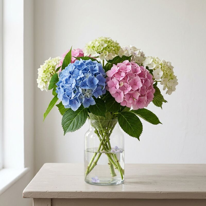 ガラスの花瓶に生けたアジサイ(Hydrangea macrophylla)