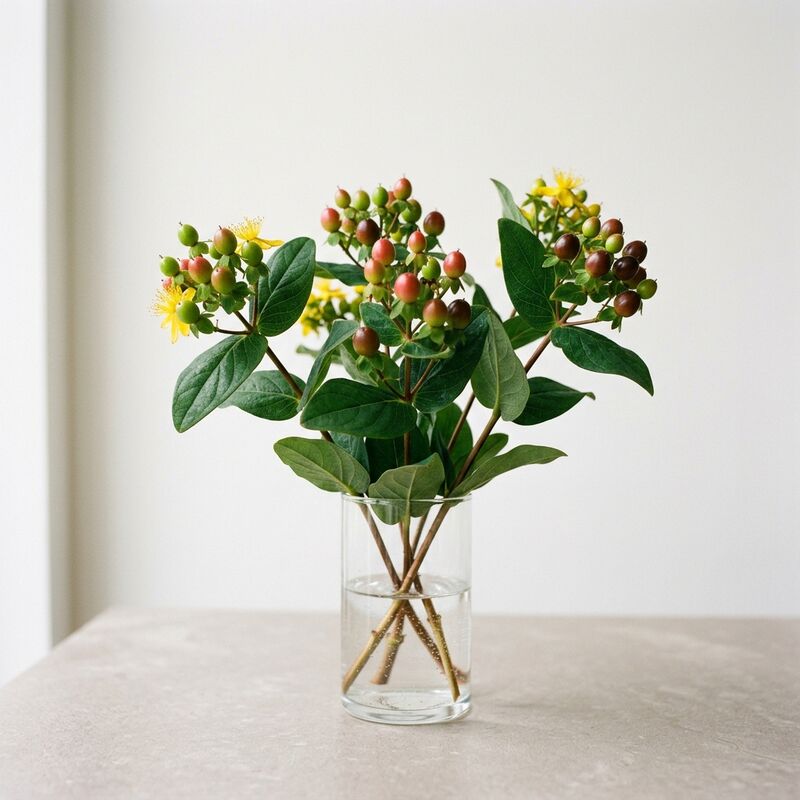 ガラスの花瓶に生けたヒペリカム(Hypericum androsaemum, H. × inodorum)