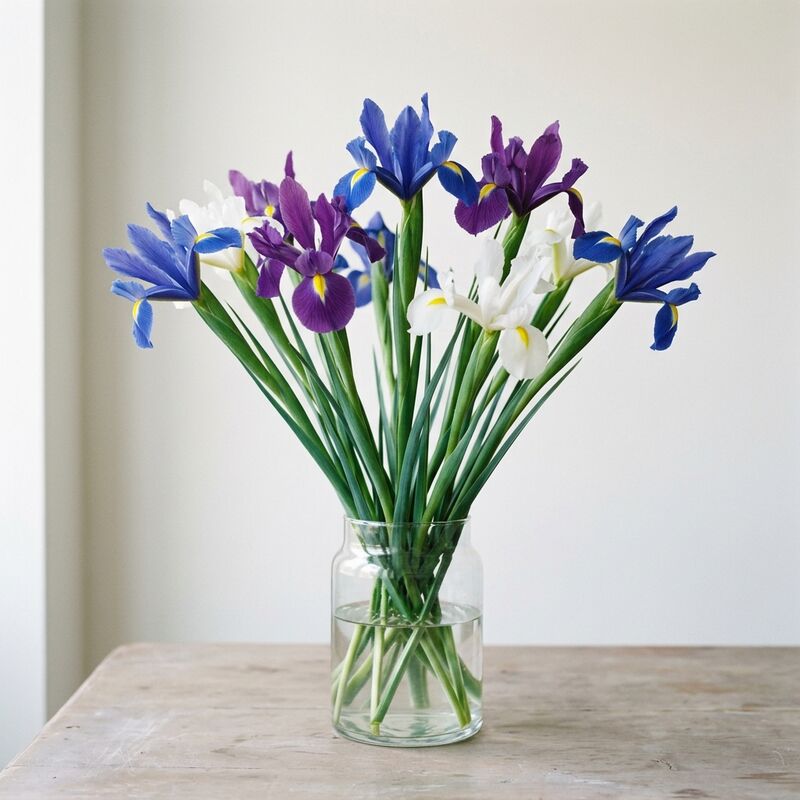 ガラスの花瓶に生けたアイリス(Iris × hollandica)