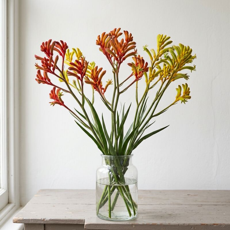 ガラスの花瓶に生けたカンガルーポー（Anigozanthos）