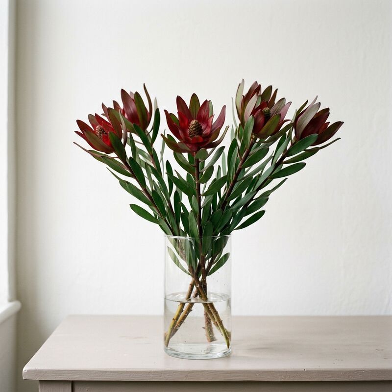 유리 꽃병에 꽂은 류카덴드론(Leucadendron)