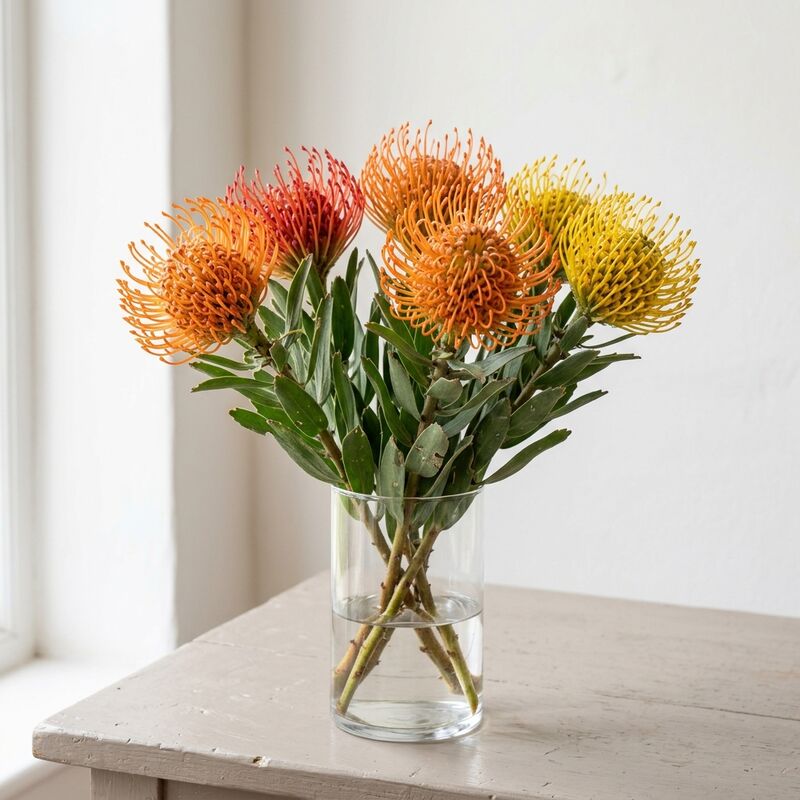 유리 꽃병에 꽂은 핀쿠션(Leucospermum cordifolium)