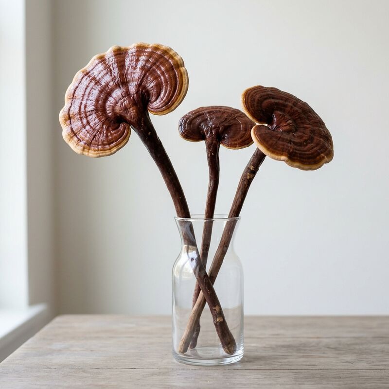 Steli recisi di Lingzhi (reishi) (Ganoderma lingzhi) in un vaso di vetro
