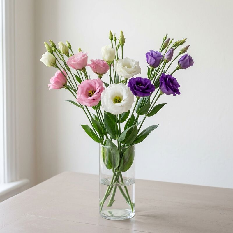 ガラスの花瓶に生けたトルコキキョウ（リシアンサス）（Eustoma grandiflorum）