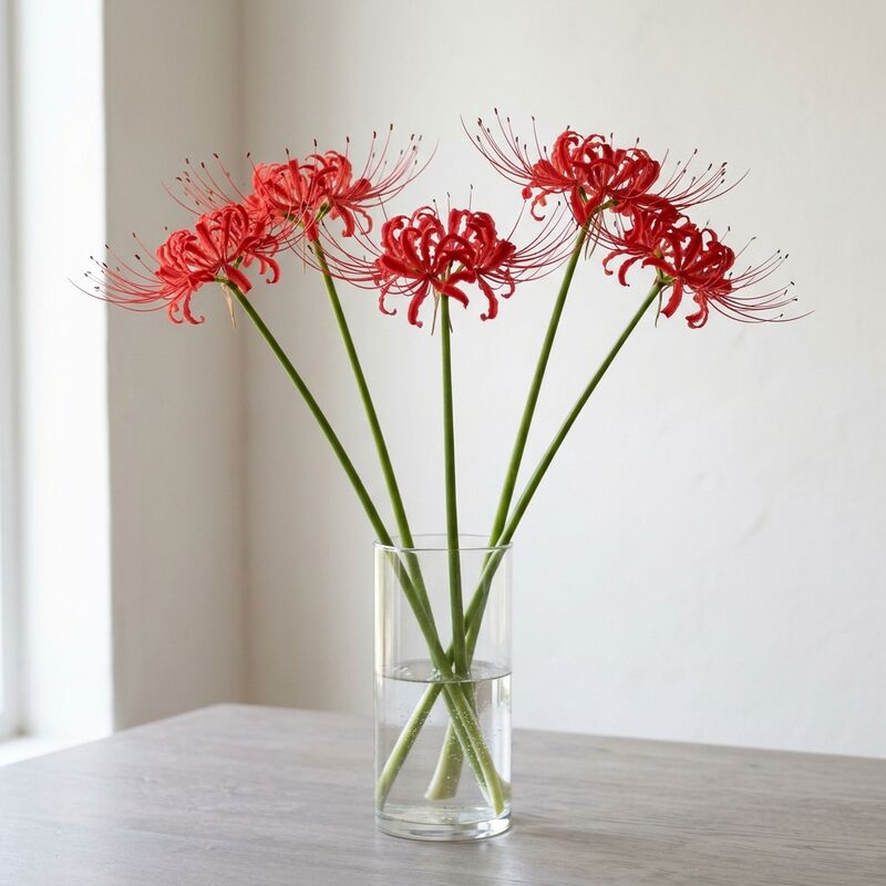 Steli recisi di Licoride rossa (Lycoris radiata) in un vaso di vetro