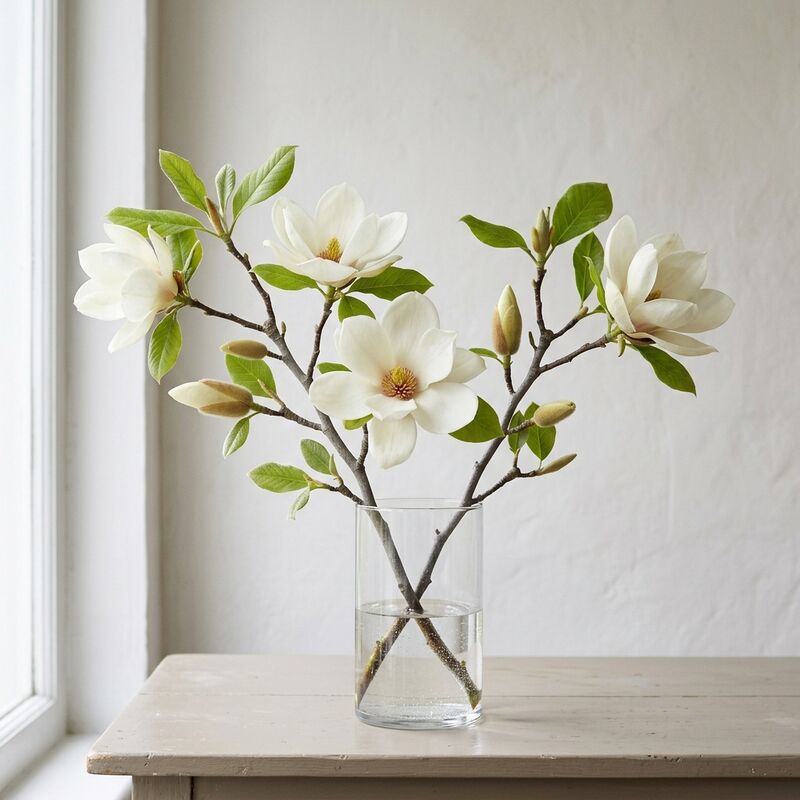 ガラスの花瓶に生けたモクレン（Magnolia denudata）