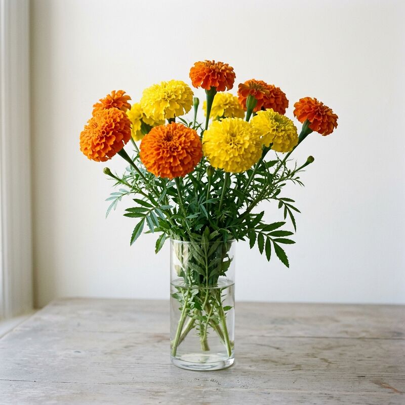 ガラスの花瓶に生けたマリーゴールド(Tagetes erecta)