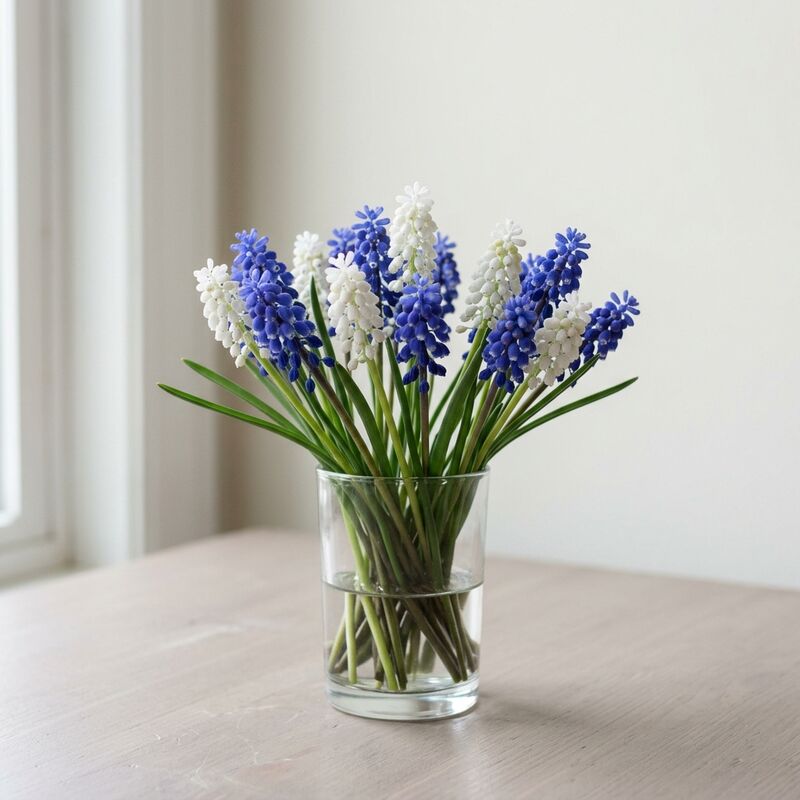 ガラスの花瓶に生けたムスカリ（Muscari armeniacum）