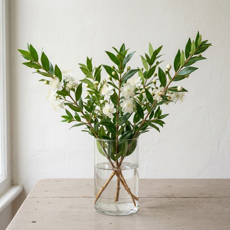 ガラスの花瓶に生けたギンバイカ(マートル)(Myrtus communis)