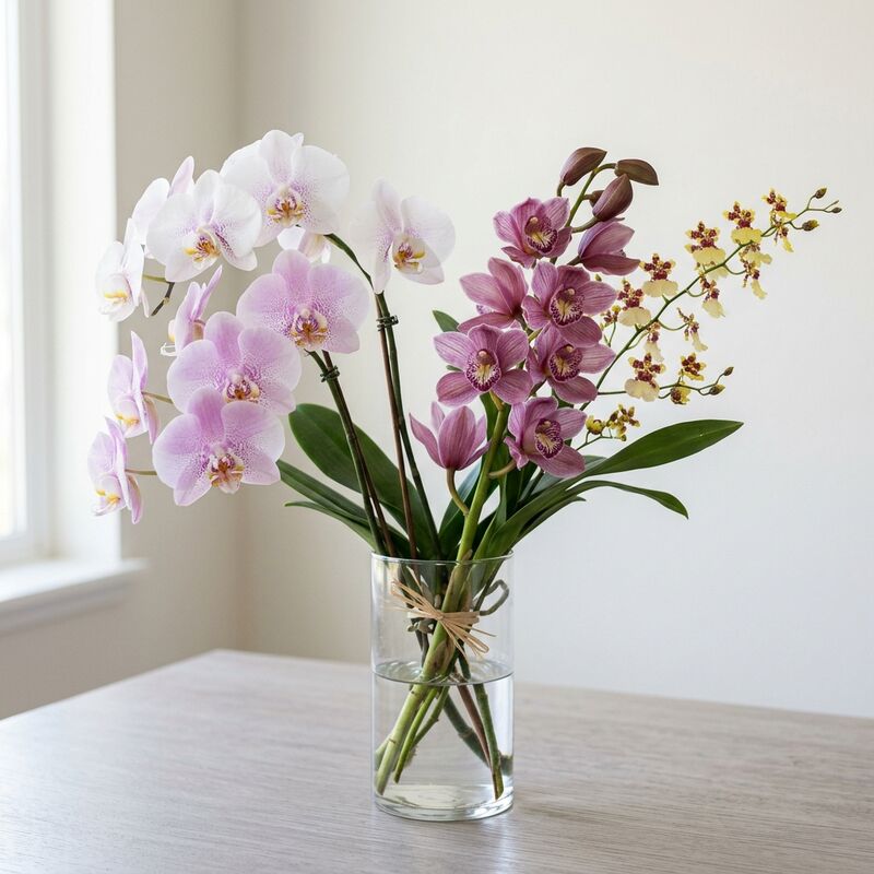 유리 꽃병에 꽂은 난초(절화)(Phalaenopsis, Cymbidium, Oncidium)