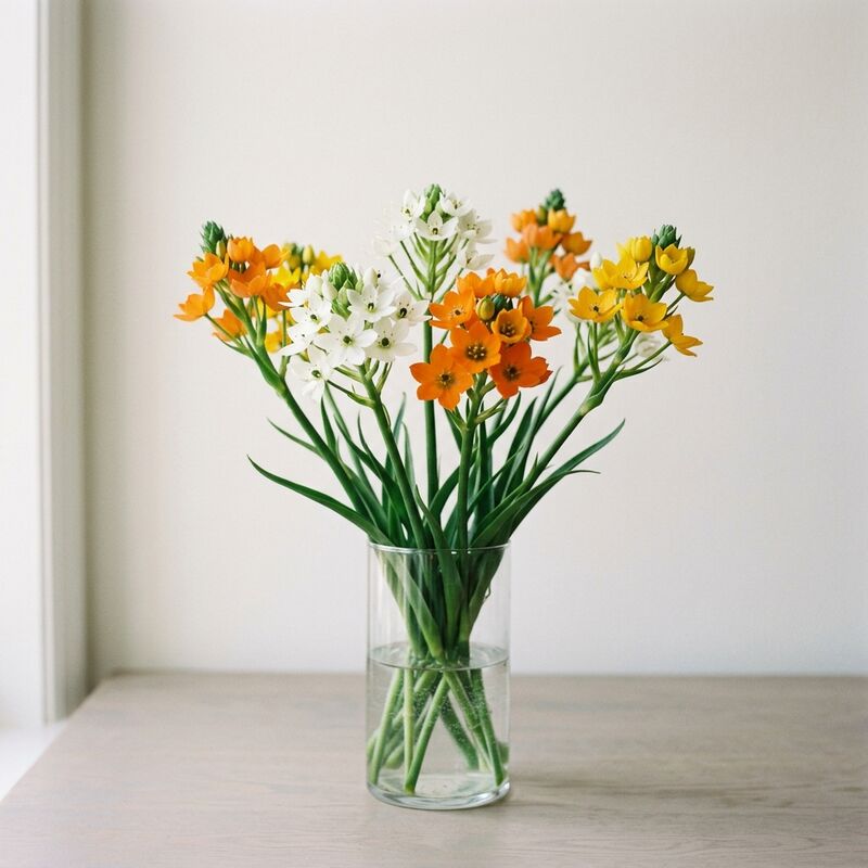 유리 꽃병에 꽂은 오니소갈룸(Ornithogalum thyrsoides, O. dubium)