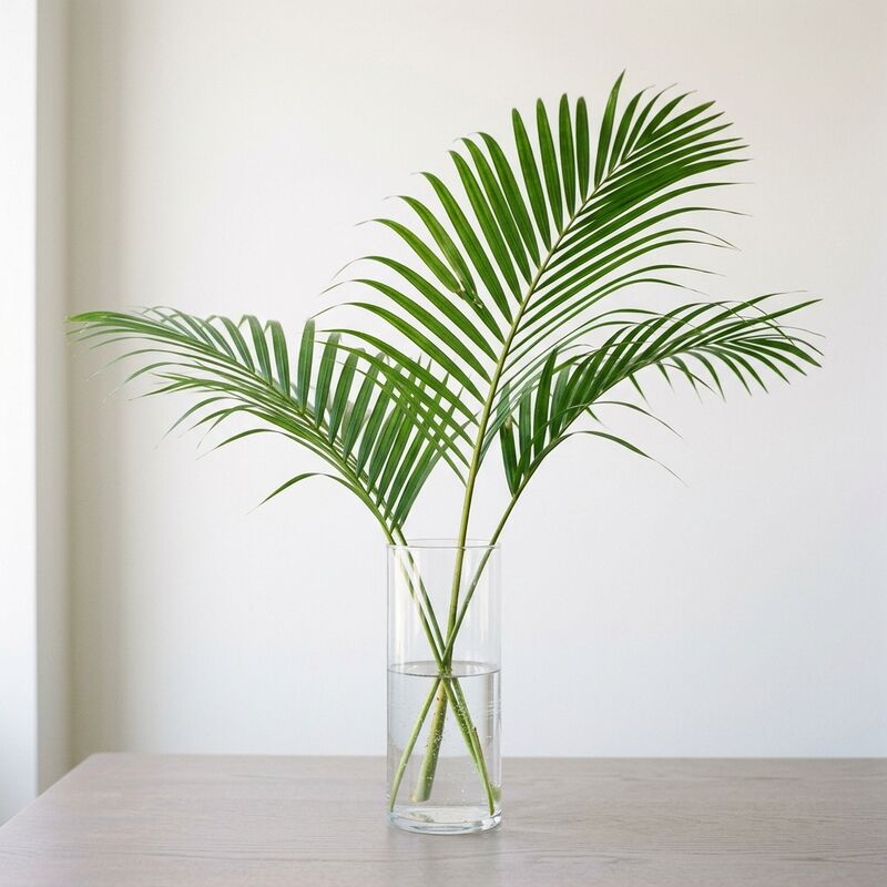 유리 꽃병에 꽂은 야자 잎(Dypsis lutescens)