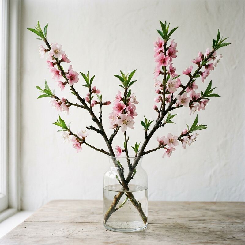 유리 꽃병에 꽂은 복사꽃(Prunus persica)