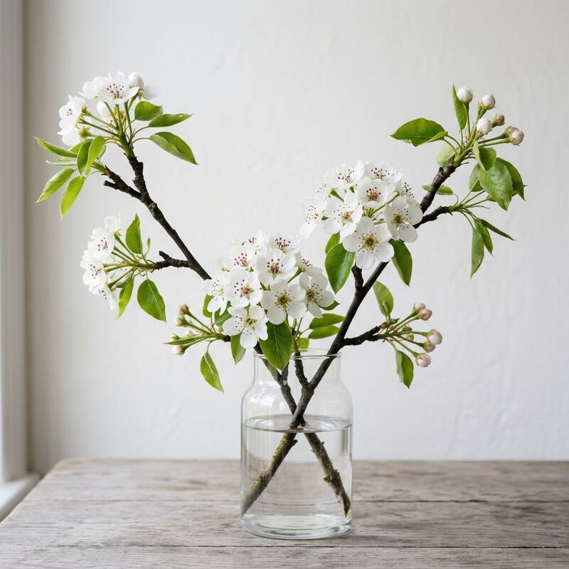 Steli recisi di Fiori di pero (Pyrus pyrifolia, P. bretschneideri) in un vaso di vetro