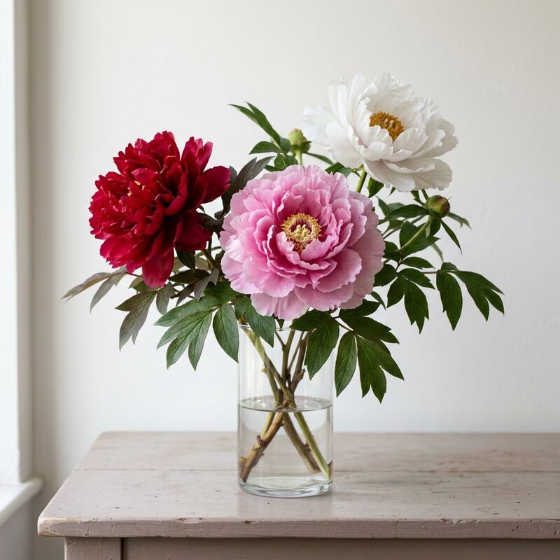 ガラスの花瓶に生けたボタン（牡丹）（Paeonia × suffruticosa）